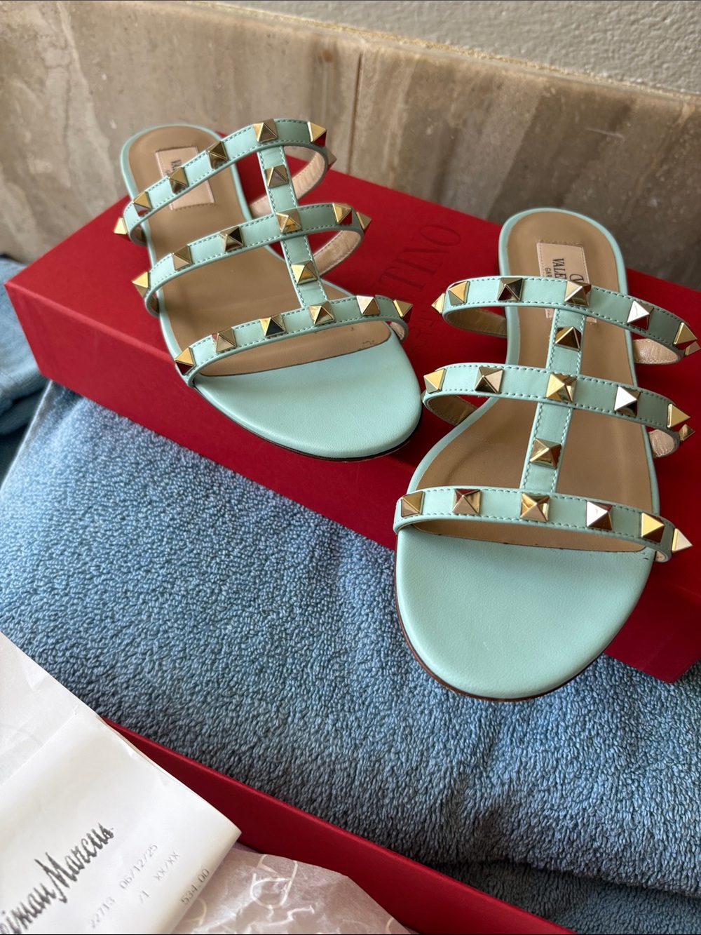 Valentino Garavani Mint Green Rockstud Leather Slide Sandals 36